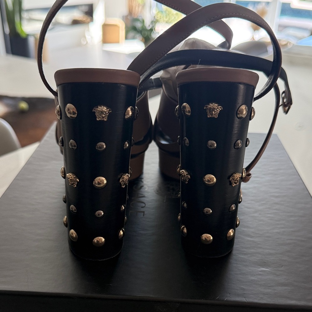 Versace Brown Platform Sandal with Black Studded Heel - Picture 2 of 7